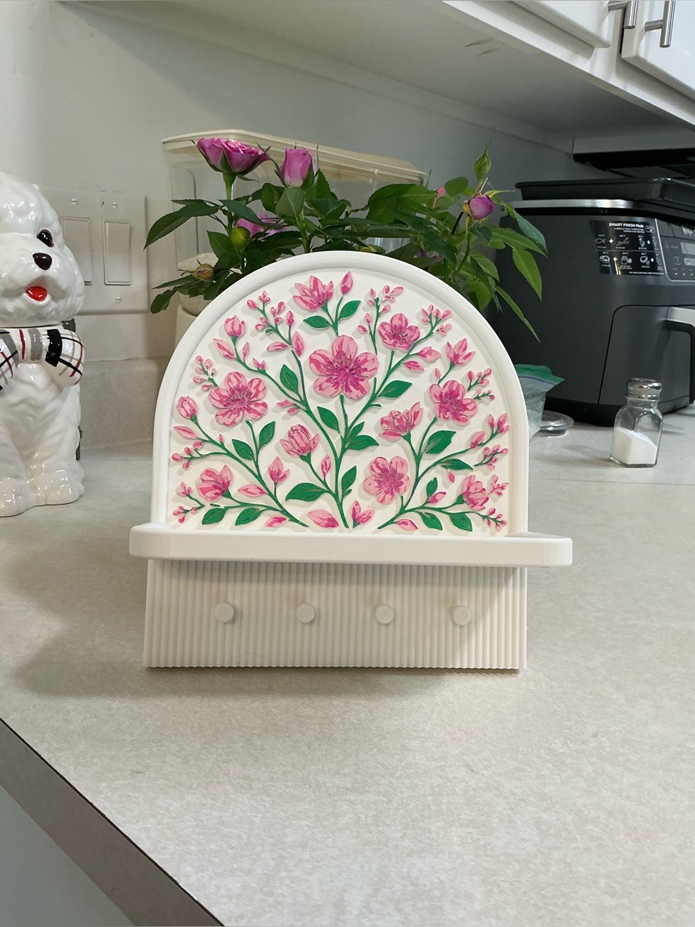 Floral Pink & Green Wall Hook Organizer - White Base for your keys